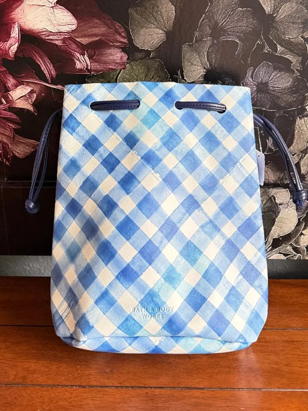 NEW Bath & Body Works Blue Gingham Drawstring Bucket Bag